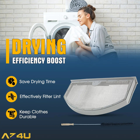 GE Gas Dryer Lint Screen Replacement That Fits Multiple GE Models Easy Install Durable Filter Keeps Air Flow Clean Prevents Overheating And Prolongs Dryer Life shown with dryer in background and benefits listed
