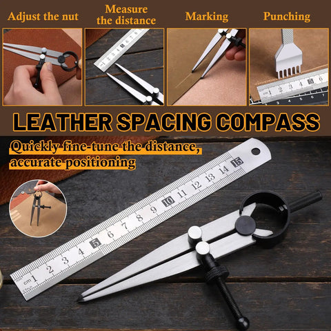 Leather Working Tools Kit With Cutting Knife Pro Grade Edge Burnisher 1 2 4 6 Stitching Punches Leather Compass Geometry Tool And Steel Ruler For Diy Leather Craft Projects displayed on a table