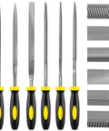 Six Piece Pro Grade Metal Needle File Set Made From Hardened Alloy Steel With Carbon Steel Construction shown with file textures