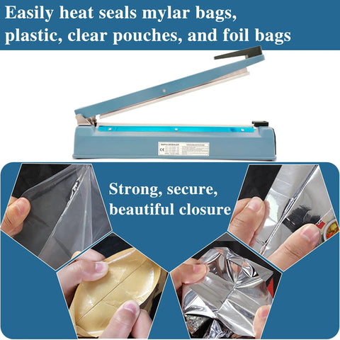 Tabletop 16 Inch Heat Sealer For Mylar Bags And Plastic Poly Bags 110 Volt Manual Bag Sealing Machine shown sealing bags.