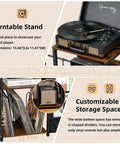 Retro Vinyl Record Player Stand With Adjustable Guitar Holder For Acoustic Or Electric Bass, Huge 150 Album Storage Space, Side Table With Magazine Rack And White Turntable Platform, Cool Vintage Shelf showcasing turntable on wooden stand.