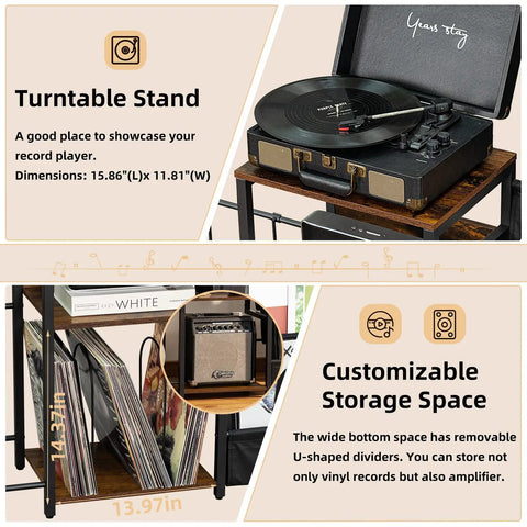 Retro Vinyl Record Player Stand With Adjustable Guitar Holder For Acoustic Or Electric Bass, Huge 150 Album Storage Space, Side Table With Magazine Rack And White Turntable Platform, Cool Vintage Shelf showcasing turntable on wooden stand.