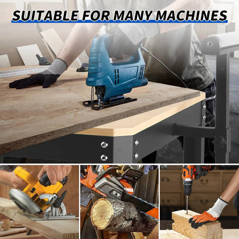 Shop Ready Heavy Duty Rolling Planer Stand With Height Adjustable Platform and Smooth Extension Rollers For 550 Lb Shop Floor Capacity Plus Massive Double Layer Tool Cart Built For Saws And Gear in use with multiple tools.