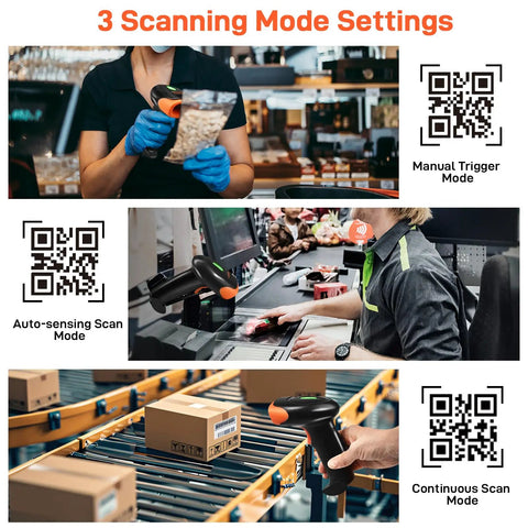 Person using Wireless Bluetooth Barcode Scanner Handheld 2D 1D QR Reader With 800x600 CMOS Sensor in retail and inventory settings.