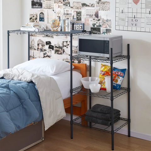 Gunmetal Gray Beefy Adjustable Shelving Unit With 18 Gauge Steel, Tool Free Assembly, 300 Lb Capacity, 1 Inch Shelf Increments, Durable Wire Frame With Venting For Electronics, Perfect Garage And Home Organization in bedroom with microwave and towels