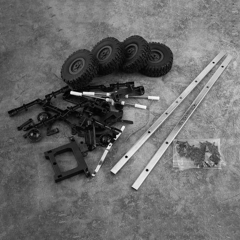 Beefy Metal Oil Trailer Chassis for 1/16 RC Cars and WPL B24 B16 B36 Kit Upgrades Durable DIY Truck Part components laid out