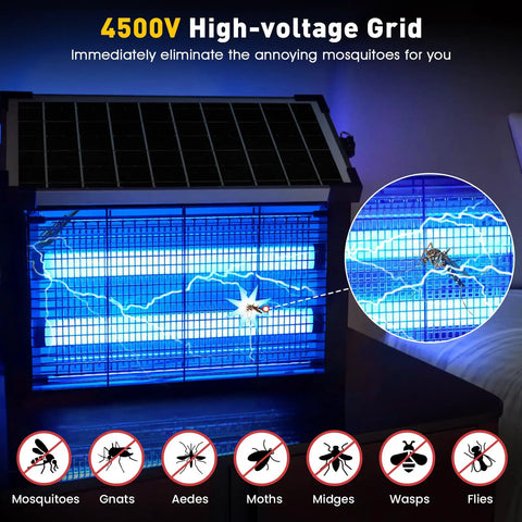4500V Sun Powered Beast Bug Zapper Outdoors Waterproof Cordless Electric Fly Trap With Half Acre Coverage Rechargeable Battery Portable Mosquito Zapper For Backyard Patio Camping And Indoor Use, showing high-voltage grid in action.