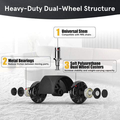 2.5 Inch Heavy Duty Office Chair Caster Wheels Set For Carpet And Hardwood Floors Universal 11x22mm Fits 99 Percent Of Chairs with dual-wheel structure and components.