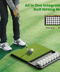 Person using Patented All In One Pro Grade Golf Practice Mat With Built In Ball Tray That Holds 32 Balls For Indoor Outdoor Use