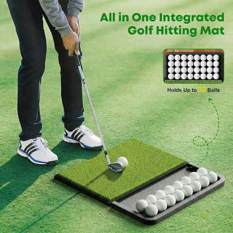 Person using Patented All In One Pro Grade Golf Practice Mat With Built In Ball Tray That Holds 32 Balls For Indoor Outdoor Use