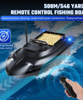 Remote Control Bait Boat For Anglers With Dual Motors And Long Range 546 Yards showing LED lights and controller in action