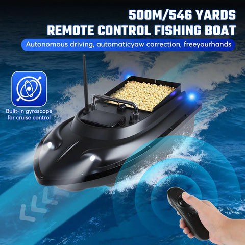 Remote Control Bait Boat For Anglers With Dual Motors And Long Range 546 Yards showing LED lights and controller in action