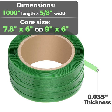 Pallet Strapping Coil In Green Polyester PET For Industrial Packaging Beefy Strength 1000 Ft Roll, Five Eighth Inch Wide