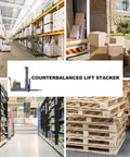 Heavy Duty Counterbalanced Electric Stacker With 2200 Lbs Capacity And 98 Inch Lifting Height in a warehouse with various goods.