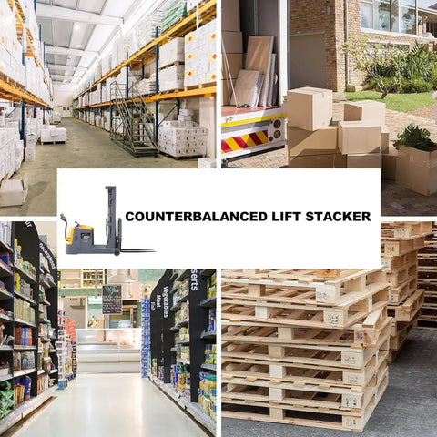 Heavy Duty Counterbalanced Electric Stacker With 2200 Lbs Capacity And 98 Inch Lifting Height in a warehouse with various goods.