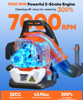 Powerful 52cc Gas Backpack Leaf Blower with 564 CFM, 216 MPH showcasing engine design and efficiency features.