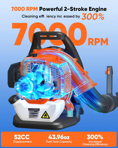 Powerful 52cc Gas Backpack Leaf Blower with 564 CFM, 216 MPH showcasing engine design and efficiency features.