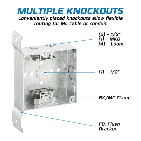 Beefy 4 Inch Square Welded Electrical Box With Flush Mount Brackets, 10-Pack showing MC cable clamp and knockout details.