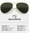RB3025 Pilot Shape Non Polarized Sunglasses For Men And Women With G15 Green Lens, Arista gold frame, metal material