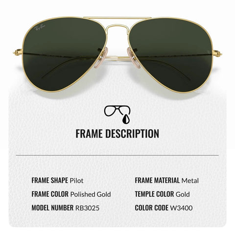 RB3025 Pilot Shape Non Polarized Sunglasses For Men And Women With G15 Green Lens, Arista gold frame, metal material