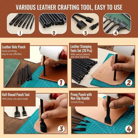 Pro Grade Leather Working Tools Kit With Double Layer Storage Box All In One DIY Stamping Cutting Engraving Punching Sewing Set, variety of tools displayed and in use on leather.