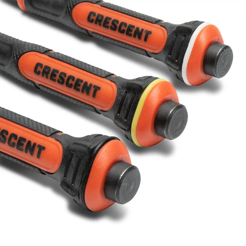 Close-up of 5 Inch Gripped Punch Set With Full Metal Core And Comfort Grip showing oversized strike caps on three handles.