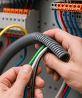Hands organizing cables with Split Wire Loom Tubing Made From Polyethylene Corrugated Flexible Conduit For Easy Cable Management Two Inch Nominal Size Fifty Feet Length Blue Color RoHS Compliant DIY Friendly Auto Marine Home Wiring Projects