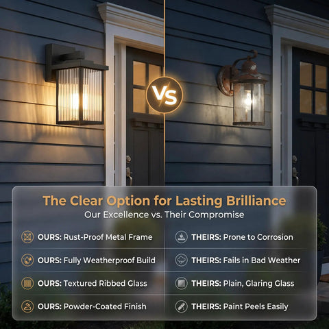 Comparison of Stunning Matte Black Wall Mount Porch Lights on a wall, showcasing textured glass and a solid metal frame.