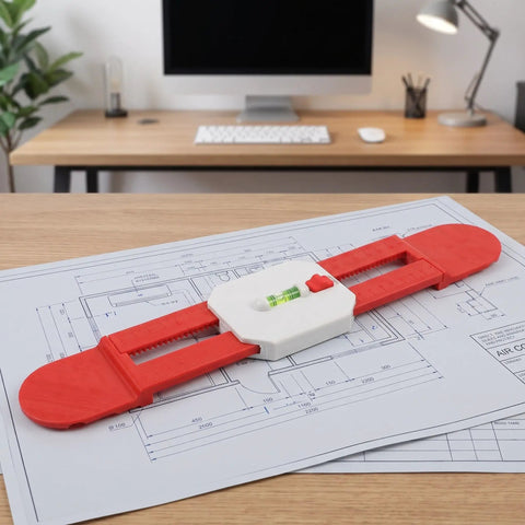 Telescopic Level Ruler Wall Mount for Split Air Conditioner Indoor Unit placed on blueprints for precise HVAC installation.