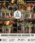 Armored XL Insulated Beverage Tub for Parties, Double-Wall Stainless Steel, Holds 24 to 30 Bottles, Shown at Various Events