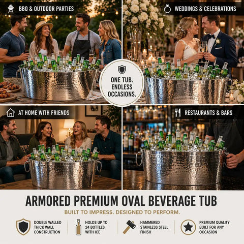 Armored XL Insulated Beverage Tub for Parties, Double-Wall Stainless Steel, Holds 24 to 30 Bottles, Shown at Various Events