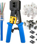 Pro Grade Ethernet Crimp Tool For Pass Through And Standard Ends Heavy Duty Crimper with 5 pack replacement blades and RJ45 connectors