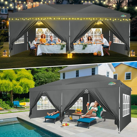 10x20 Pop Up Canopy Tent With One Push Easy Up Frame, 6 Removable Sidewalls, Built In Air Vent, Waterproof UV50 Plus, Gray
