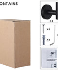Four Pack Black Stainless Steel Towel Hooks Wall Mounted Heavy Duty Coat Robe Hanger For Door And Wall Use In Bathroom Bedroom Kitchen And Hotel Durable Waterproof Rustproof Modern Design Easy Drill Installation packaging and hardware contents.