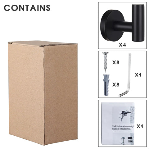 Four Pack Black Stainless Steel Towel Hooks Wall Mounted Heavy Duty Coat Robe Hanger For Door And Wall Use In Bathroom Bedroom Kitchen And Hotel Durable Waterproof Rustproof Modern Design Easy Drill Installation packaging and hardware contents.