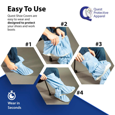 Person using Traction 18 Inch Blue Disposable Boot Covers With Non Slip Sole Water Resistant Skid Resistant Booties For Easy Floor Protection Thick Durable Cuff All Shift Coverage Pack Of 3 Pairs Size Large.