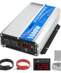 1600 Watt Power Inverter Modified Wave Workhorse DC 12 Volt To AC 120 Volt With Remote Control And Led Display And Usb Charging Port displayed with cables and remote.