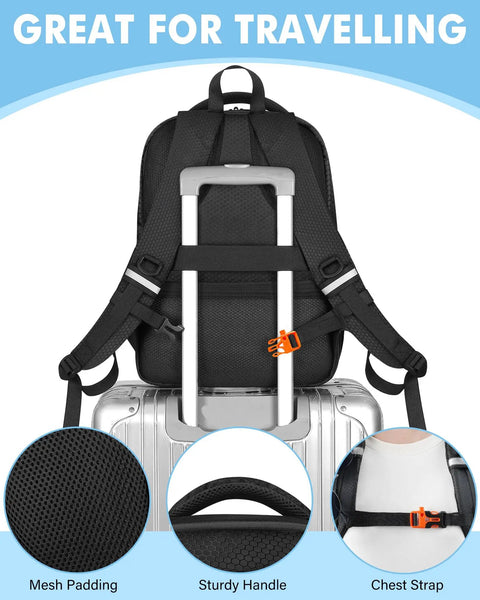 Back view of Waterproof Hard Case For DJI Mini 4 Pro And Mini 3 Pro, shown on suitcase, highlighting mesh padding and chest strap.