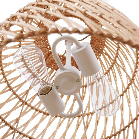Close-up of Galen 2-Light Chandelier with Bamboo and Rattan Shade showing light bulbs and white canopy