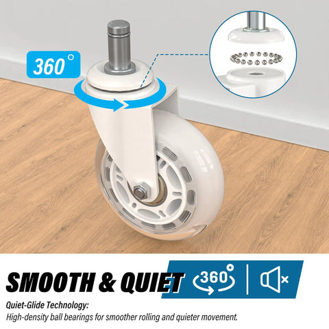 Office Chair Wheels Rubber Casters Replacement Set Of 5 Universal Fit Heavy Duty 3 Inch Smooth And Quiet Rolling For All Floor Surfaces Hardwood Tile Carpet Noise Free White