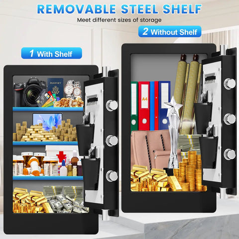 Biometric Safe Box 23.6 Inch Tall Home Safe with removable shelves, displaying two storage configurations with valuables.