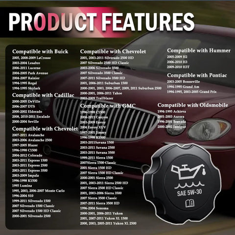 Product features of durable engine oil filler cap replacement, compatible with various Chevy, GMC, Cadillac, Buick, Oldsmobile models.