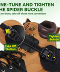 Lawn Aerator Shoes With 26 Spikes For Deep Soil Aeration, Spider buckle design close-up on heavy duty nylon sole, wrench included.