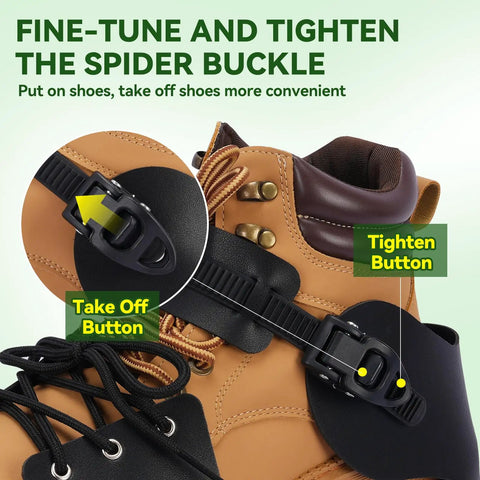 Lawn Aerator Shoes With 26 Spikes For Deep Soil Aeration, Spider buckle design close-up on heavy duty nylon sole, wrench included.