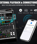 Six Channel Audio Mixer With 48V Phantom Power, 99 DSP Effects, and USB connectivity next to smartphone for recording setup