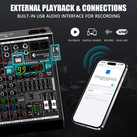 Six Channel Audio Mixer With 48V Phantom Power, 99 DSP Effects, and USB connectivity next to smartphone for recording setup