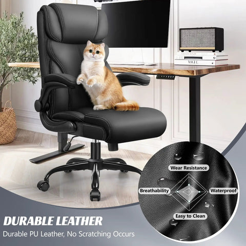 Ergonomic Big And Tall Office Chair With Breathable Leather All Day Comfort Boss Level Back Support cat sitting on chair