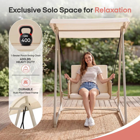 Outdoor Patio Swing Chair With Adjustable Canopy, Heavy Duty Triangular Frame, Single Seat Garden Hammock Swing For Backyard
