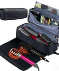 Grab And Go Hair Tools Travel Case With Heat Resistant Mat, showing open organizer with dryers and styling tools, black color