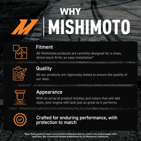 "Why Mishimoto infographic highlighting fitment, quality, appearance, and performance crafted for enduring protection."